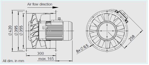 HELIOS AMW 355/4: Középnyomású axiális csőventilátor, ~1 fázis, 230V