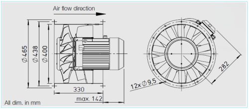 HELIOS AMW 400/4: Középnyomású axiális csőventilátor, ~1 fázis, 230V