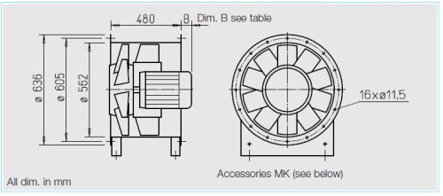 HELIOS AMD 560/2  7,5 kW: Középnyomású axiális csőventilátor, ~3 fázis, 400V
