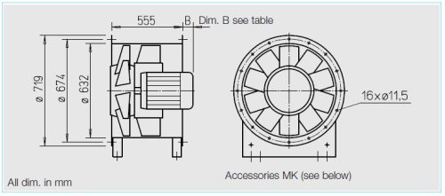 HELIOS AMD 630/2  11 kW: Középnyomású axiális csőventilátor, ~3 fázis, 400V