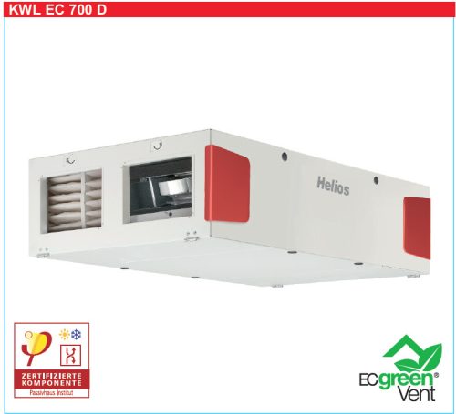 HELIOS KWL EC 700 D PRO: Hővisszanyerős központi szellőző, kezelőelemmel, EC motor, mennyezeti kivitel, Bypass, ~1 fázis, 230V
