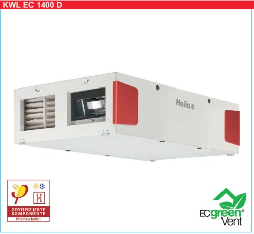 HELIOS KWL EC 1400 D PRO WW: Hővisszanyerős központi szellőző, kezelőelemmel, EC motor, mennyezeti kivitel, Bypass, melegvizes utófűtővel, ~3 fázis, 400V