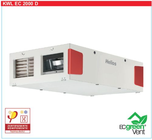 HELIOS KWL EC 2000 D PRO WW: Hővisszanyerős központi szellőző, kezelőelemmel, EC motor, mennyezeti kivitel, Bypass, melegvizes utófűtővel, ~3 fázis, 400V