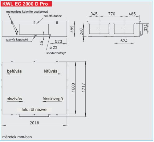 HELIOS KWL EC 2000 D PRO WW: Hővisszanyerős központi szellőző, kezelőelemmel, EC motor, mennyezeti kivitel, Bypass, melegvizes utófűtővel, ~3 fázis, 400V