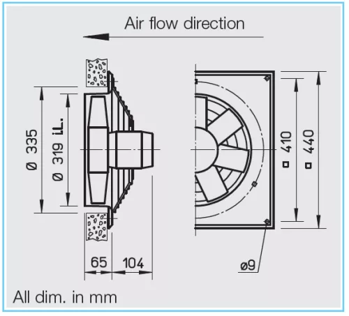 HELIOS HQW EC 315 A: Axiálventilátor, védőráccsal, négyszög lemezen, ~1, 230V, EC-kivitel