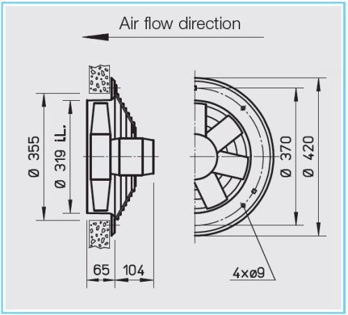 HELIOS HWW EC 315 A: Axiálventilátor, védőráccsal, kör lemezen, ~1, 230V, EC-kivitel