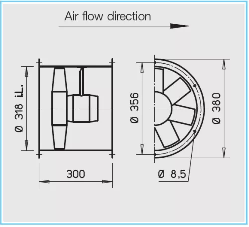 HELIOS HRFW EC 315 A: Axiális csőventilátor, ~1, 230V, EC-kivitel
