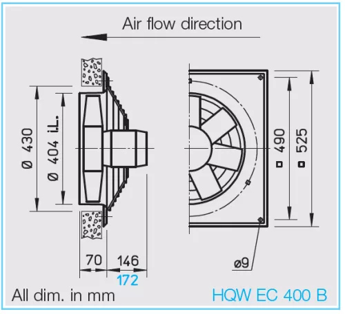 HELIOS HQW EC 400 A: Axiálventilátor, védőráccsal, négyszög lemezen, ~1, 230V, EC-kivitel