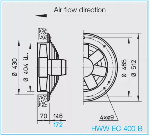 HELIOS HWW EC 400 A: Axiálventilátor, védőráccsal, kör lemezen, ~1, 230V, EC-kivitel