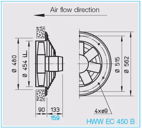 HELIOS HWW EC 450 B: Axiálventilátor, védőráccsal, kör lemezen, ~1, 230V, EC-kivitel