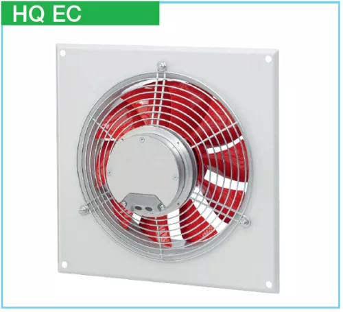 HELIOS HQW EC 500 A: Axiálventilátor, védőráccsal, négyszög lemezen, ~1, 230V, EC-kivitel