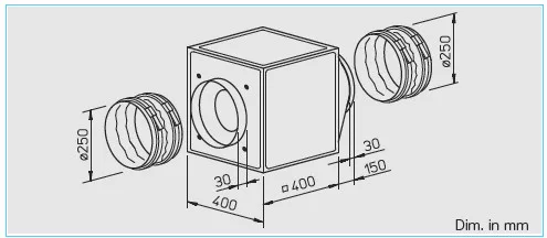 HELIOS GBW 250/4: GigaBox radiálventilátor, ~1, 230V, thermokontakt kivezetéssel, 2db FM 250 flexibilis rezgéscsillapítóval