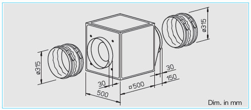 HELIOS GBW 315/4: GigaBox radiálventilátor, ~1, 230V, thermokontakt kivezetéssel, 2db FM 315 flexibilis rezgéscsillapítóval
