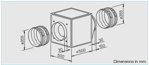 HELIOS GBW 355/4: GigaBox radiálventilátor, ~1, 230V, thermokontakt kivezetéssel, 2db FM 355 flexibilis rezgéscsillapítóval