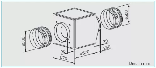 HELIOS GBW 500/4: GigaBox radiálventilátor, ~1, 230V, thermokontakt kivezetéssel, 2db FM 500 flexibilis rezgéscsillapítóval
