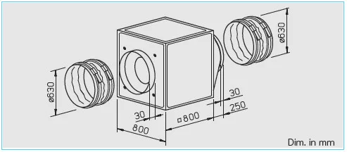 HELIOS GBD 630/6/6: GigaBox radiálventilátor, ~3, 400V, thermokontakt kivezetéssel, 2db FM 630 flexibilis rezgéscsillapítóval
