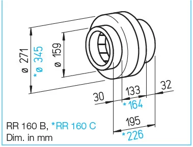 HELIOS RR 160 B: Fémházas radiális csőventilátor, ~1, 230V, 2 fordulatú
