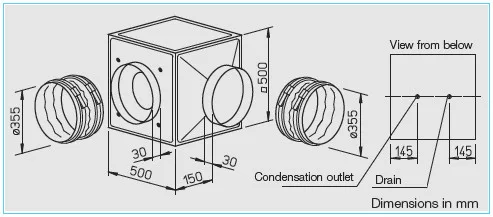 HELIOS GBW 355/4 T120: GigaBox radiálventilátor, 120°C-ig hőálló, ~1, 230V, thermokontakt kivezetéssel, 2db FM 355 T120 flexibilis rezgéscsillapítóval