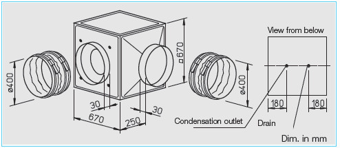 HELIOS GBW 400/4 T120: GigaBox radiálventilátor, 120°C-ig hőálló, ~1, 230V, thermokontakt kivezetéssel, 2db FM 400 T120 flexibilis rezgéscsillapítóval