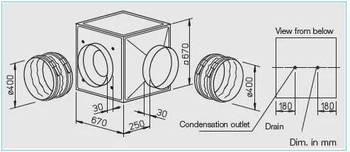HELIOS GBD 400/4/4 T120: GigaBox radiálventilátor, 120°C-ig hőálló, ~3, 400V, thermokontakt kivezetéssel, 2db FM 400 T120 flexibilis rezgéscsillapítóval