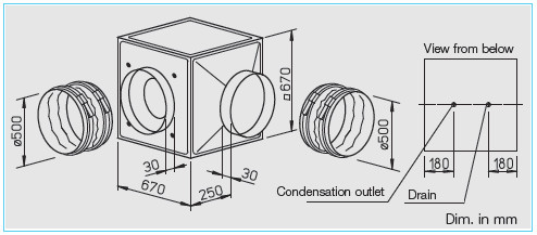 HELIOS GBD 500/4/4 T120: GigaBox radiálventilátor, 120°C-ig hőálló, ~3, 400V, thermokontakt kivezetéssel, 2db FM 500 T120 flexibilis rezgéscsillapítóval