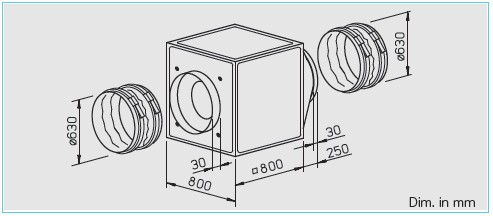 HELIOS GBD 630/4 T120: GigaBox radiálventilátor, 120°C-ig hőálló, ~3, 400V, Kaltleiter kivezetéssel, 2db FM 630 T120 flexibilis rezgéscsillapítóval