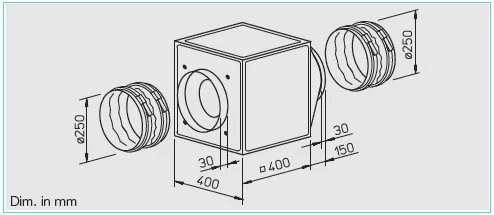 HELIOS GBW EC 250: GigaBox radiálventilátor, EC kivitel, ~1, 230V, 2db FM 250 flexibilis rezgéscsillapítóval
