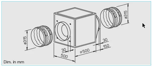 HELIOS GBW EC 315: GigaBox radiálventilátor, EC kivitel, ~1, 230V, 2db FM 315 flexibilis rezgéscsillapítóval