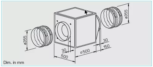 HELIOS GBW EC 355: GigaBox radiálventilátor, EC kivitel, ~1, 230V, 2db FM 355 flexibilis rezgéscsillapítóval