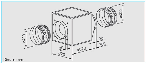 HELIOS GBW EC 400 B: GigaBox radiálventilátor, EC kivitel, ~1, 230V, 2db FM 400 flexibilis rezgéscsillapítóval