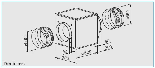 HELIOS GBD EC 560: GigaBox radiálventilátor, EC kivitel, ~3, 400V, 2db FM 560 flexibilis rezgéscsillapítóval
