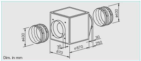 HELIOS GBW EC 400 A: GigaBox radiálventilátor, EC kivitel, ~1, 230V, 2db FM 400 flexibilis rezgéscsillapítóval
