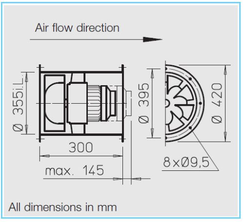 HELIOS VARD 355/4: RADAX  félaxiális csőventilátor, ~3, 400V