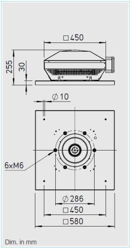 HELIOS RDW 250/4: Radiális tetőventilátor vízszintes kifúvással, ~1, 230V, thermokontakt kivezetéssel