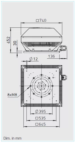 HELIOS RDD 355/4: Radiális tetőventilátor vízszintes kifúvással, ~3, 400V, thermokontakt kivezetéssel