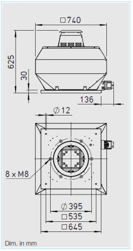 HELIOS VDD 355/4 T120: Radiális tetőventilátor függőleges kifúvással, ~3, 400V, 120°C-ig hőálló kivitel