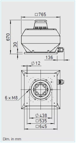 HELIOS VDD 400/6 T120: Radiális tetőventilátor függőleges kifúvással, ~3, 400V, 120°C-ig hőálló kivitel