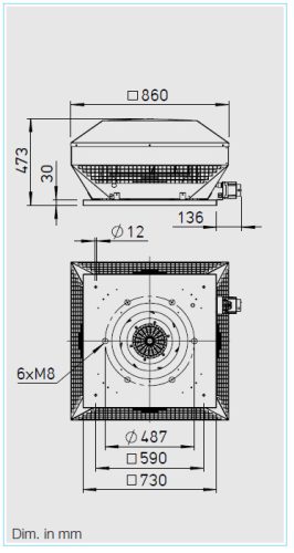 HELIOS RDD 450/4: Radiális tetőventilátor vízszintes kifúvással, ~3, 400V, thermokontakt kivezetéssel