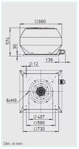 HELIOS VDD 450/6 EX: Radiális tetőventilátor függőleges kifúvással, ~3, 400V, robbanásbiztos kivitel