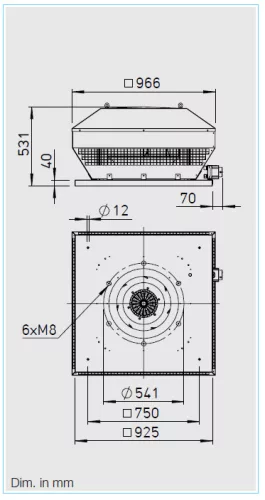 HELIOS RDD 500/6: Radiális tetőventilátor vízszintes kifúvással, ~3, 400V, thermokontakt kivezetéssel