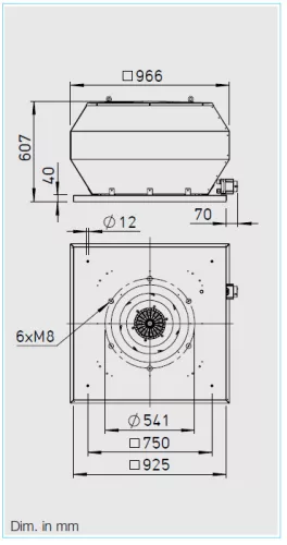 HELIOS VDD 500/6 EX: Radiális tetőventilátor függőleges kifúvással, ~3, 400V, robbanásbiztos kivitel