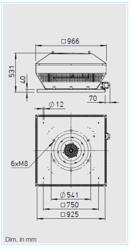 HELIOS RDD 500/4 EX: Radiális tetőventilátor vízszintes kifúvással, ~3, 400V, robbanásbiztos kivitel