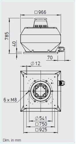 HELIOS VDD 500/4 T120: Radiális tetőventilátor függőleges kifúvással, ~3, 400V, 120°C-ig hőálló kivitel