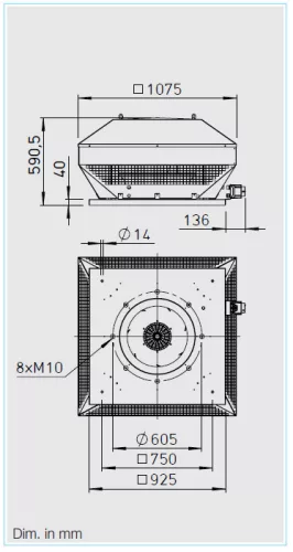 HELIOS RDD 560/4: Radiális tetőventilátor vízszintes kifúvással, ~3, 400V, thermokontakt kivezetéssel