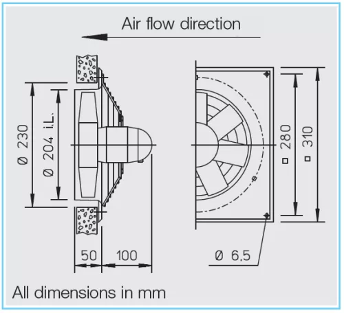 HELIOS HQW 200/4: Axiálventilátor, védőráccsal, négyszög lemezen, ~1, 230V