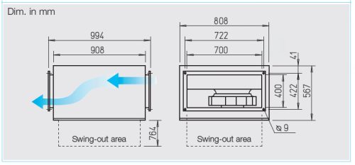 HELIOS SKRD 450/4/70/40: Hangcsillapított radiális csatornaventilátor, ~3 fázis, 400V, thermokontakt kivezetéssel