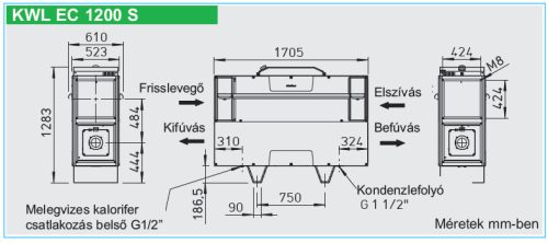 HELIOS KWL EC 1200 S PRO: Hővisszanyerős központi szellőző, kezelőelemmel, EC motor, álló kivitel, Bypass, ~3 fázis, 400V