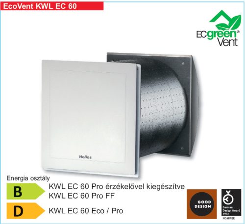 HELIOS KWL EC 60 ECO: EcoVent hővisszanyerős szellőző, EC motor, faláttörésbe, ~1 fázis, 230V, beépített 3 kezelőegységgel