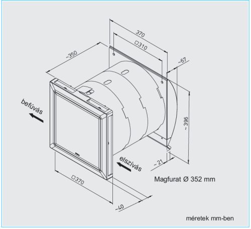 HELIOS KWL EC 60 PRO FF: EcoVent hővisszanyerős szellőző, EC motor, faláttörésbe, ~1 fázis, 230V, páratartalom vezérléssel, 1db KWL-BCU kezelőegységgel