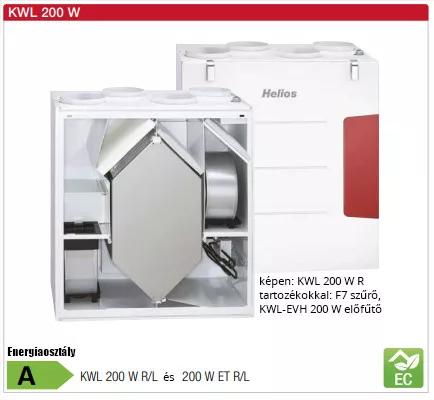 HELIOS KWL 250 W: Hővisszanyerős központi szellőző, easyControls 3.0 szabályzás, EC motor, fali kivitel, Bypass,választható frisslevegő csonk, ~1 fázis, 230V